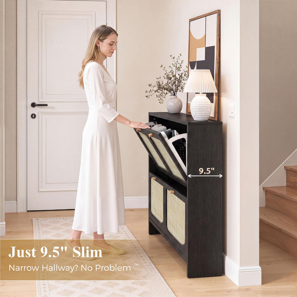 Rattan Shoe Cabinet, 9.5" Ultra-Thin Narrow Shoe Rack with 4 Flip Drawers, Boho Slim Shoe Storage Organizer with