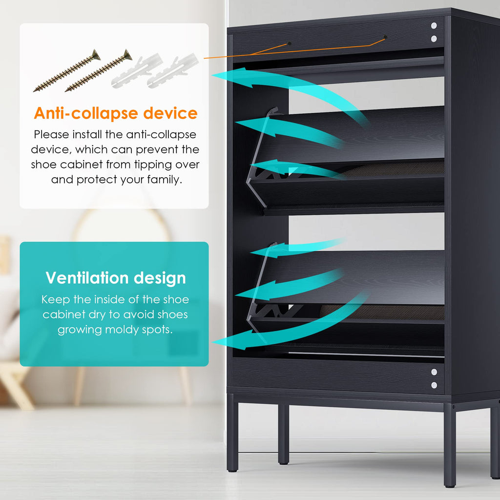 Shoe Rack Storage Organizer with 2 Natural Semi-Circular Rattan Doors, Entryway Wooden Shoe Cabinet for Sneakers