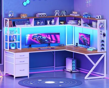 L Shaped Gaming Desk with Storage Drawers and Hutch, Convertible 94.5" Computer Desk with Drawers, Corner Computer
