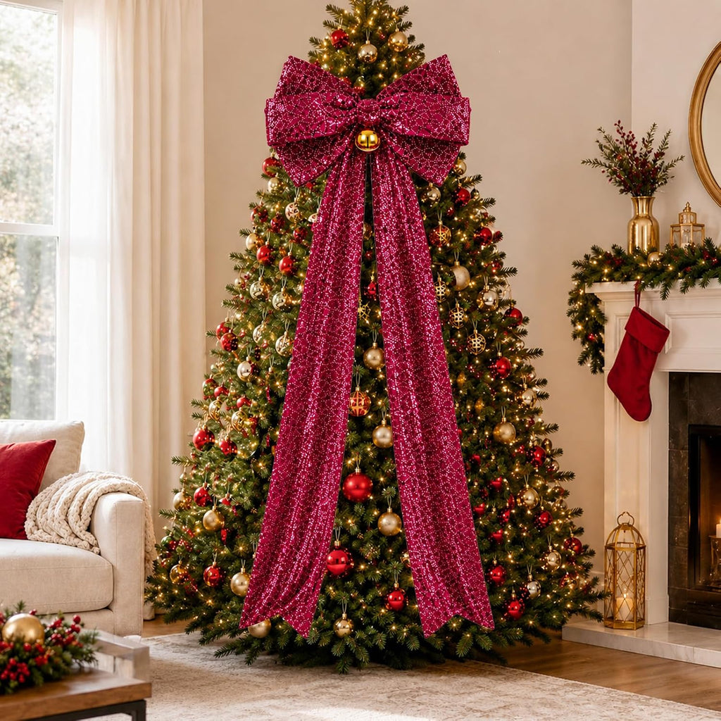 Extra Large Burgundy Velvet Bow Christmas Tree Topper with LED 1.97ft