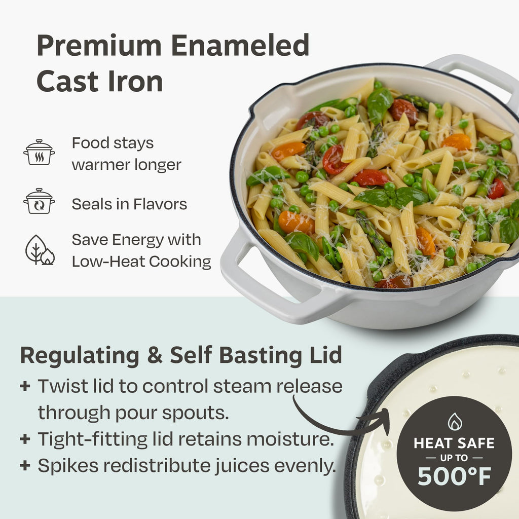 5pc Stackable Cast Iron Cookware Set, Versatile Enamel Dutch Oven, Seasoned Grill Pan & Enamel Braiser with Precision