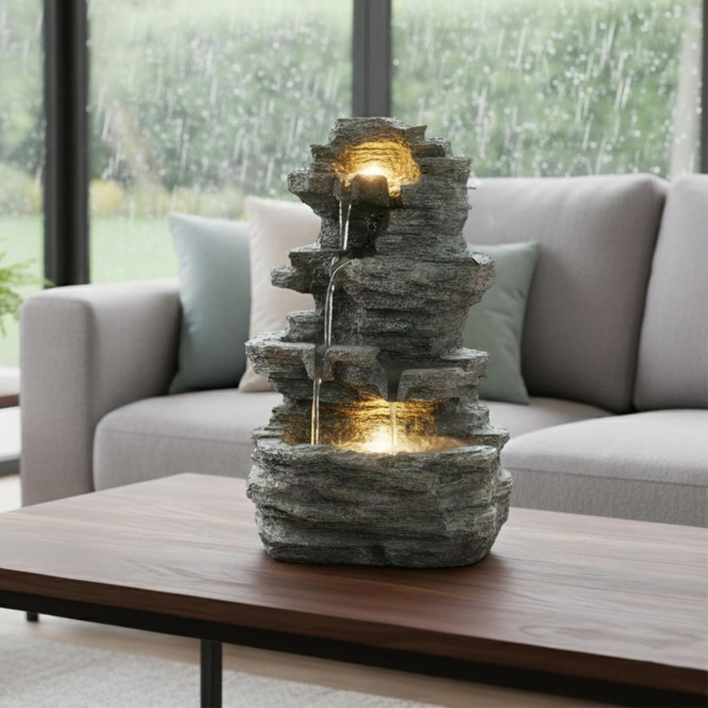 Tabletop Waterfall Fountain with Cascading Rock and LED Lights - Resin Tiered Stones Decor by (Gray)