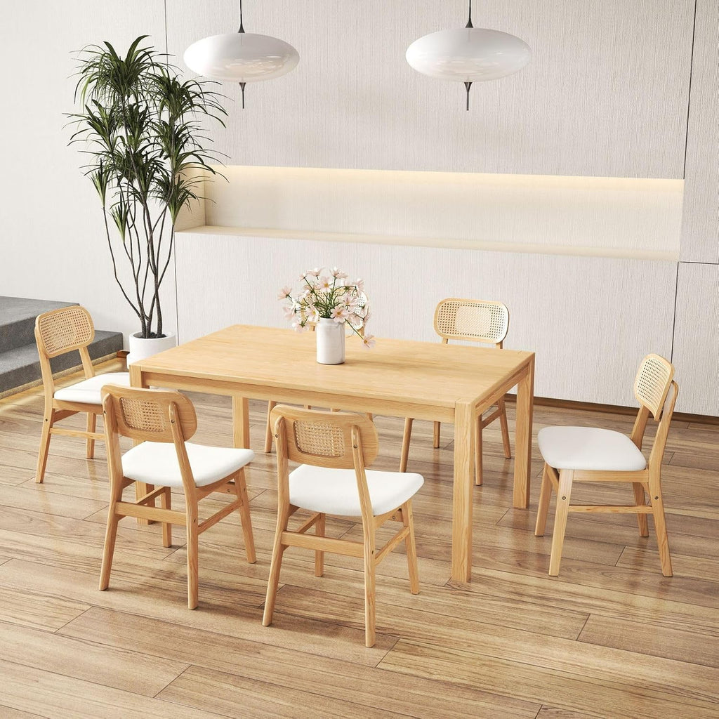 Rattan Dining Chairs Set of 2 Beige Linen Fabric Dining Room Chairs Natural Wooden Kitchen Chairs Farmhouse Boho