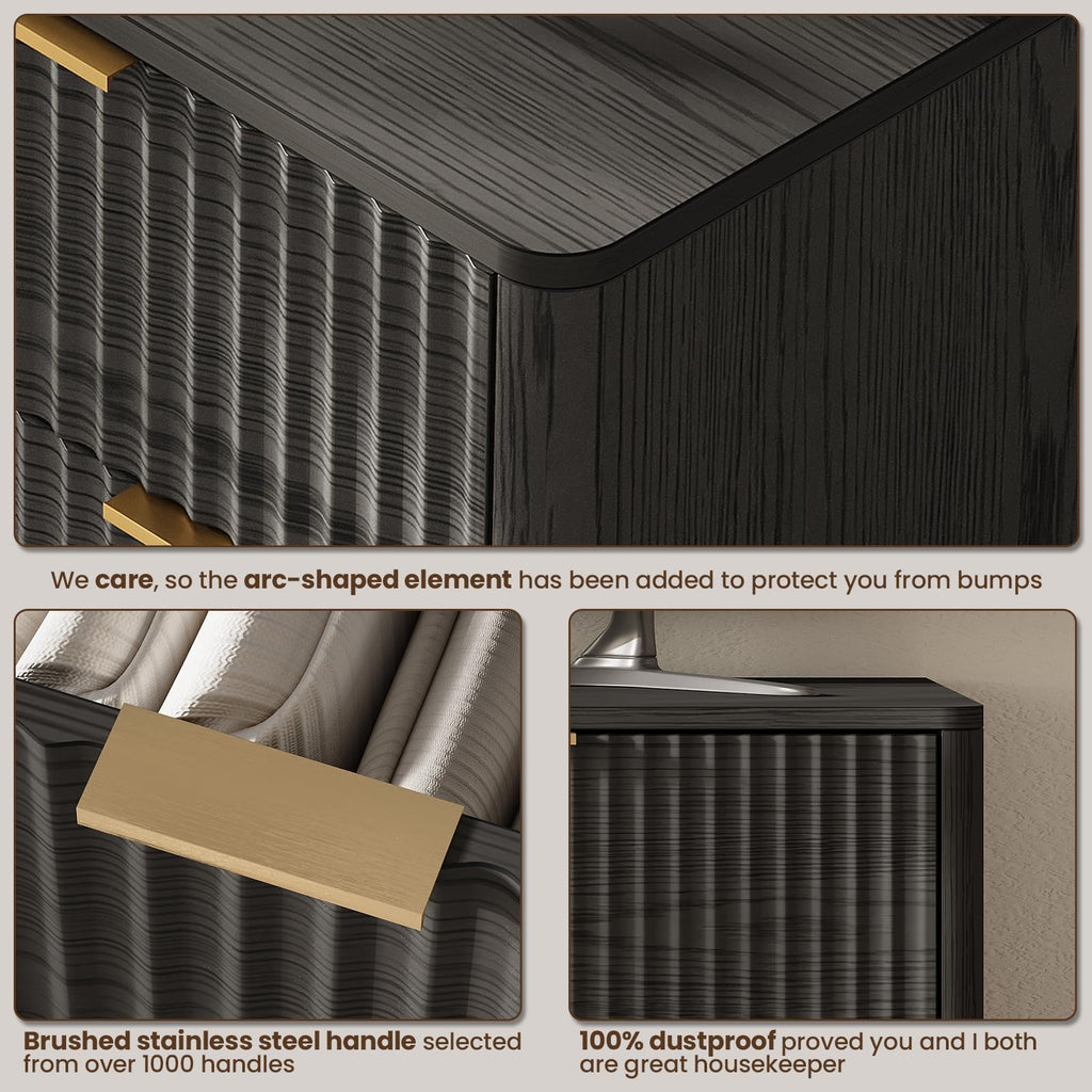43" Hight Fluted 5 Drawers Dresser, Curved Edge, Black