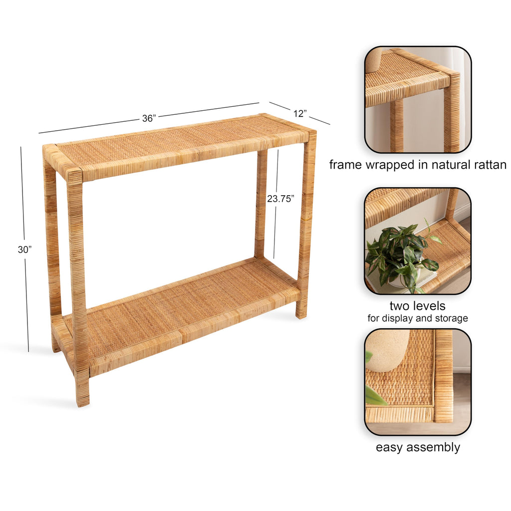 Rafina Coastal Rattan Rectangle Console Table, 36 x 12 x 30, Natural Brown, Decorative Tiered Rectangle Entryway