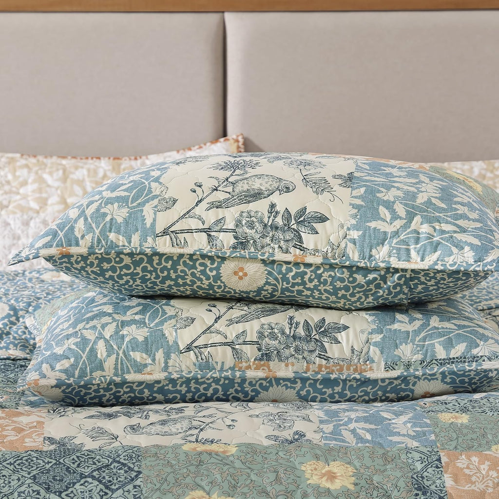 Queen Quilt Set - 3 Pieces Patchwork Green Quilt Bedding Set, Lightweight Queen Bedspread Coverlet, Reversible Floral