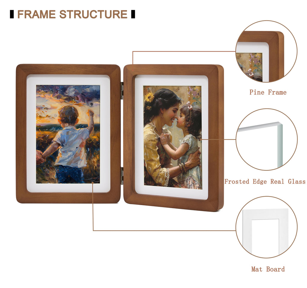 Hinged Double Picture Frame 5x7, Vertical Folding Pine Wood Frame with Real Glass, Matted to 4x6, Free-Standing