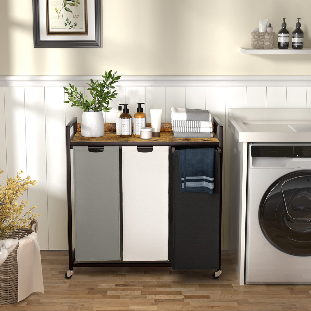 Laundry Hampers with Shelf, Laundry Basket 3 Section, Laundry Sorter with Pull-Out Removable Large 3 Color Bags and