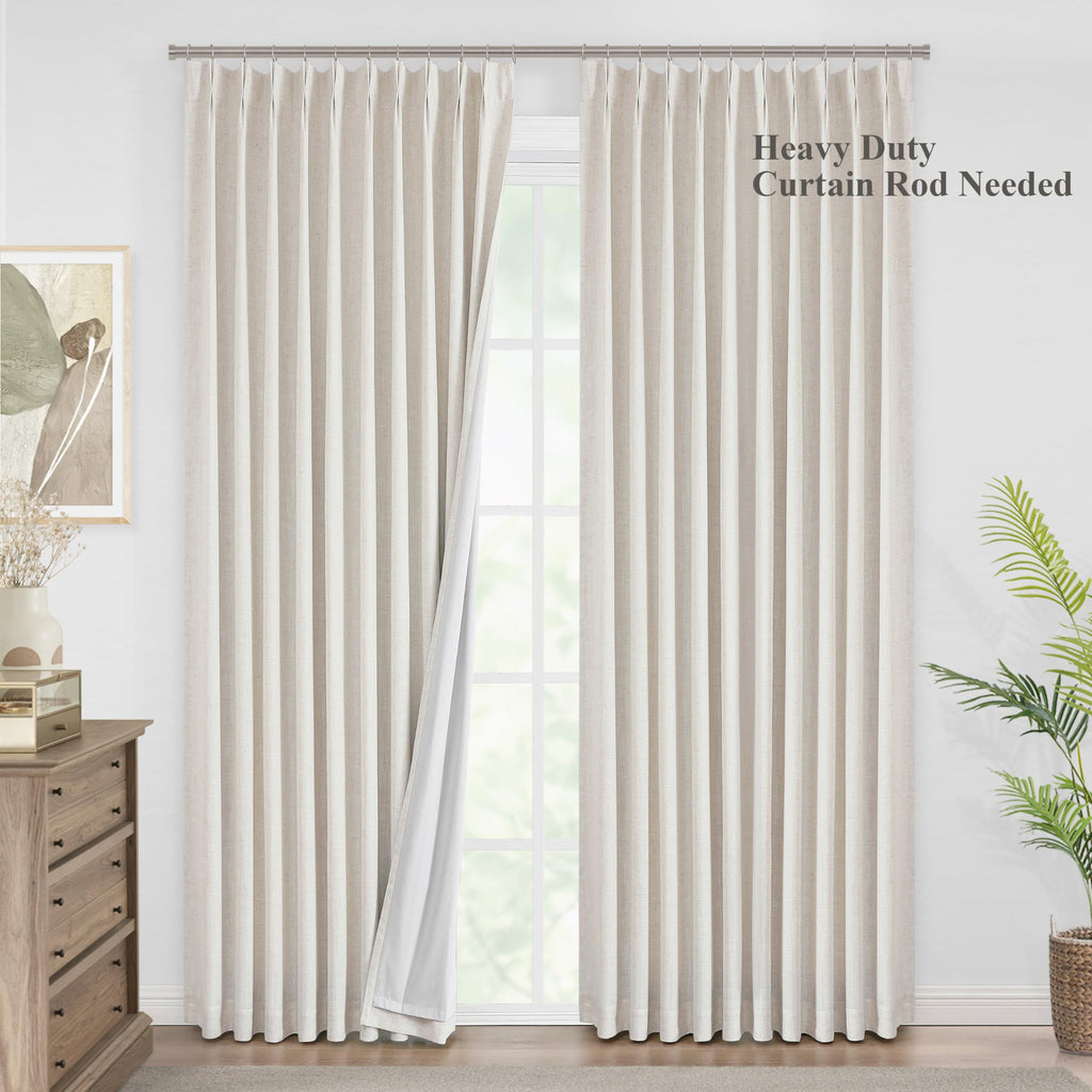 Natural Pinch Pleated Full Blackout Curtains Linen Blended Room Darkening Window Curtains 95 inch Bedroom Thermal