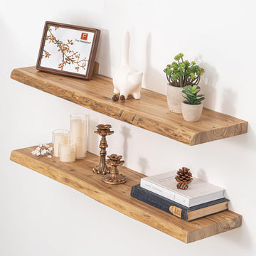 Floating Shelves for Wall, 36"x9.3" Rustic Solid Live-Edge Elm Wood Wall Shelves, Heavy-Duty Floating Shelves with