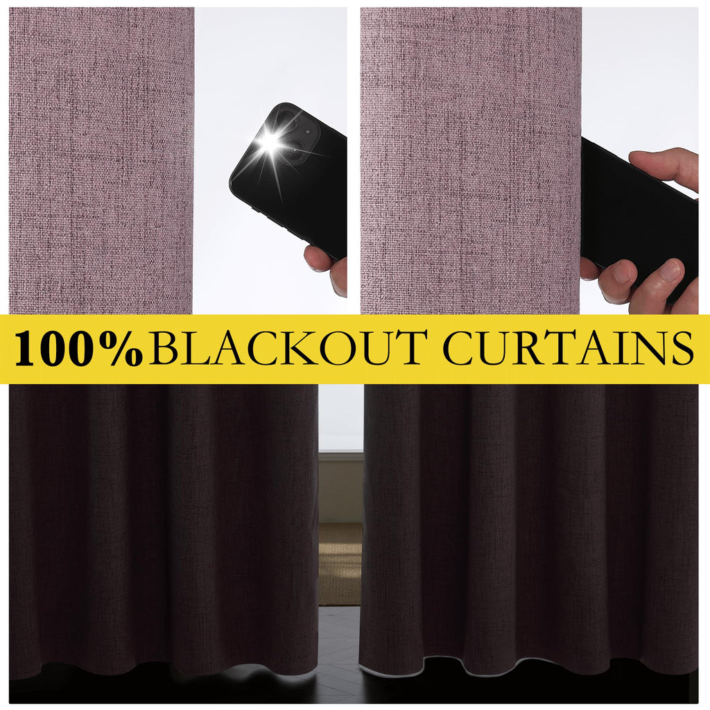 Chaise Mauve Vintage Linen 100% Blackout Curtains, Thermal Insulated Curtains 95" Long, Noise Reducing Window