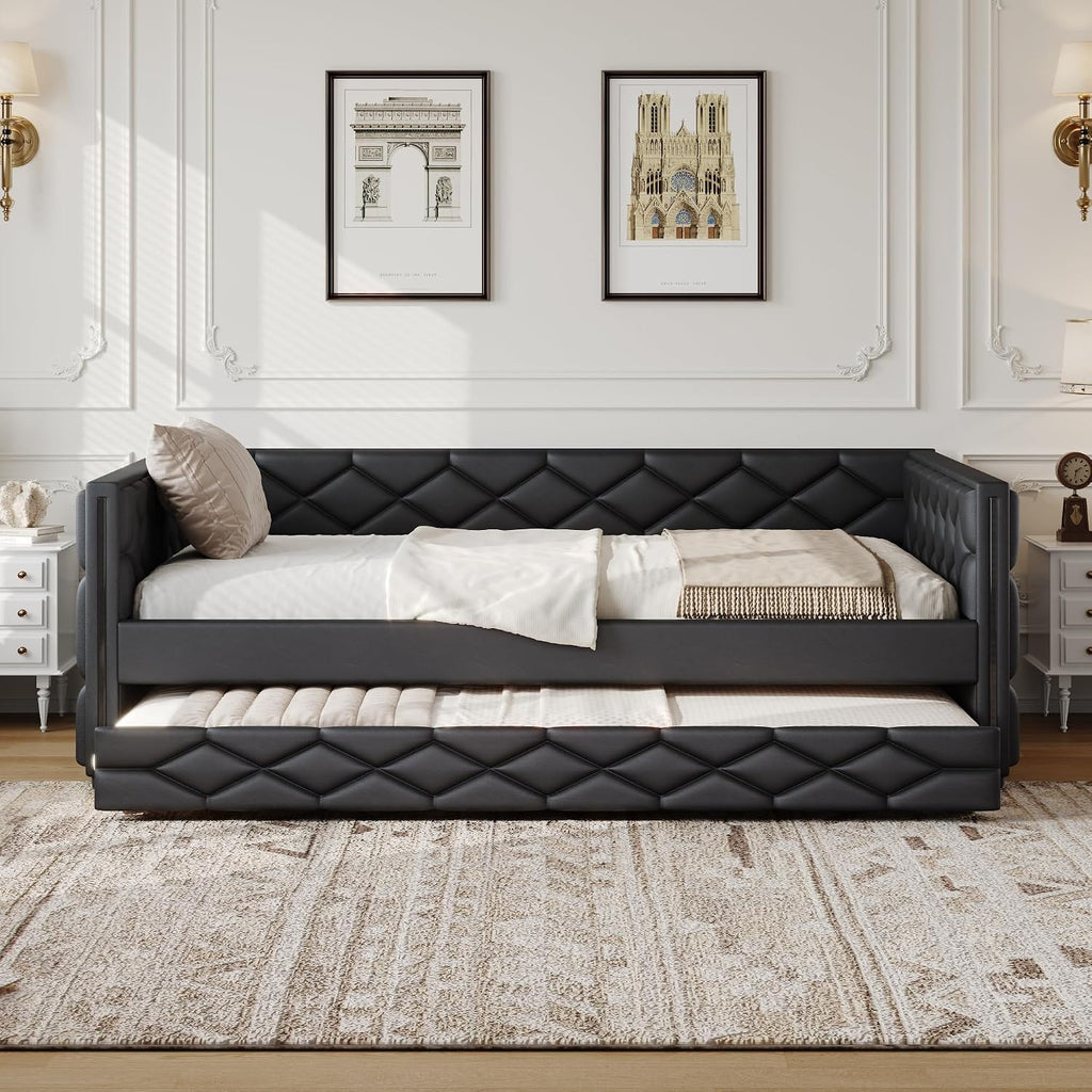 Full XL Size Upholstered Daybed with Pop Up Trundle, Multi-Functional PU Leather Sofa Bed with Backrest and Two