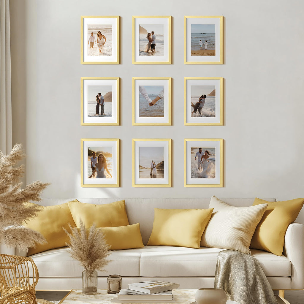 Picture Frames Set of 9, 11x14 in, Acrylic Cover, Gold