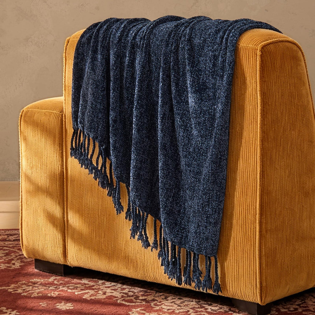 Soft Cozy Chenille Knit Throw Blanket with Tassel, 50 * 60 Navy
