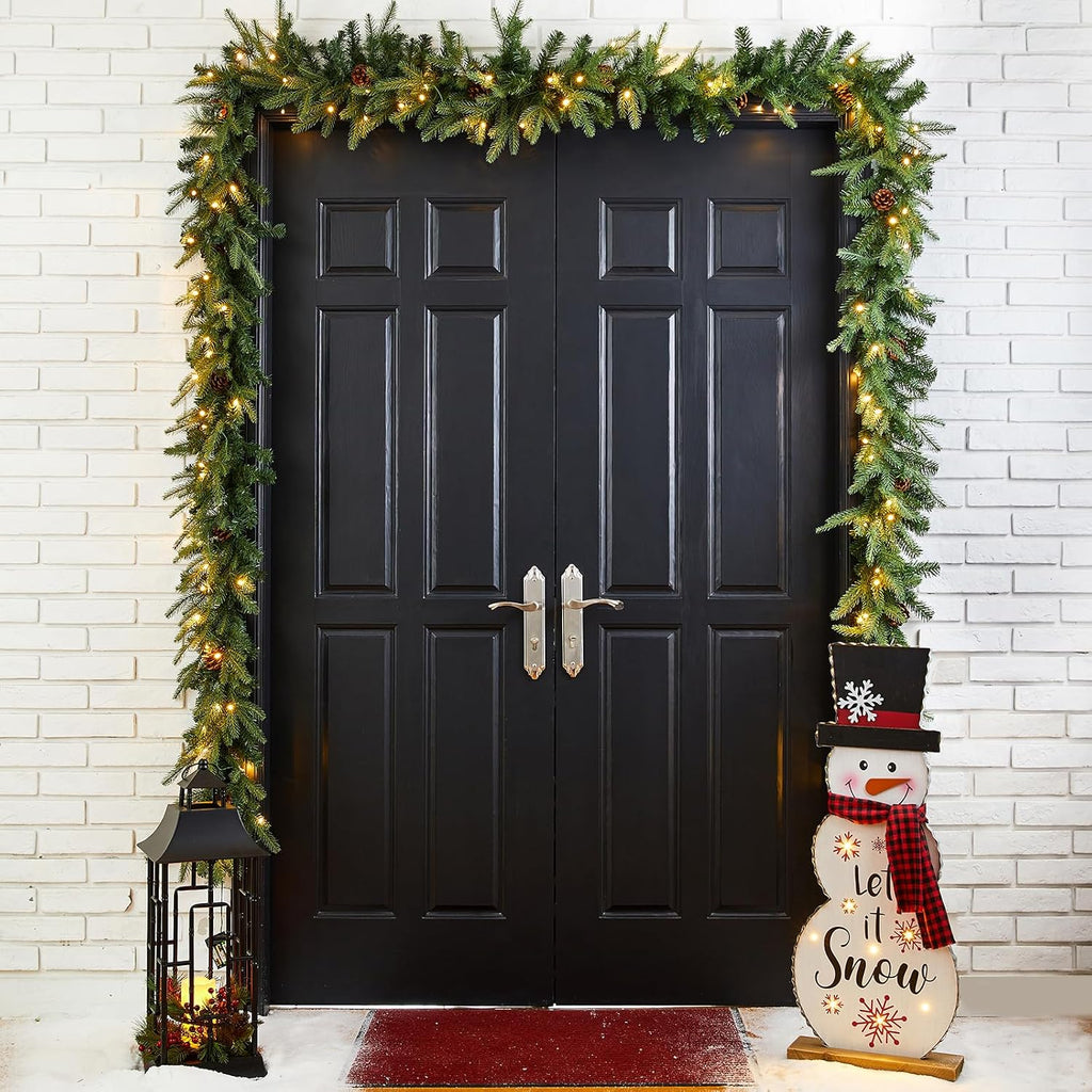 2PCS for Mantle, Prelit Greenery Garland Pine Cone Christmas Garland with Lights and Timer for Fireplace, Dining