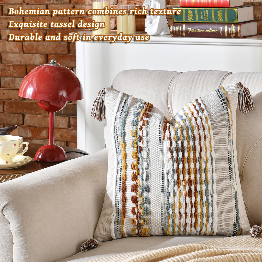 Set of 2 Chenille Striped Textured Boho Throw Pillow Covers Aesthetic with Tassels Woven Decorative Pillow Case for