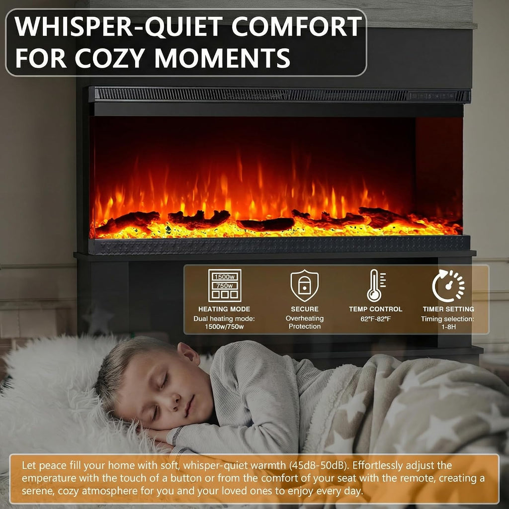 3-Sided View Electric Fireplace Insert - Freestanding Fireplace Minimalist Mantel - 12 Color Flame Effect - 1500/750
