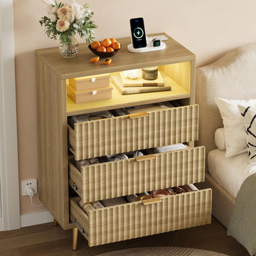 28"W 3 Drawers Dresser with LED and Charging Station, Oak