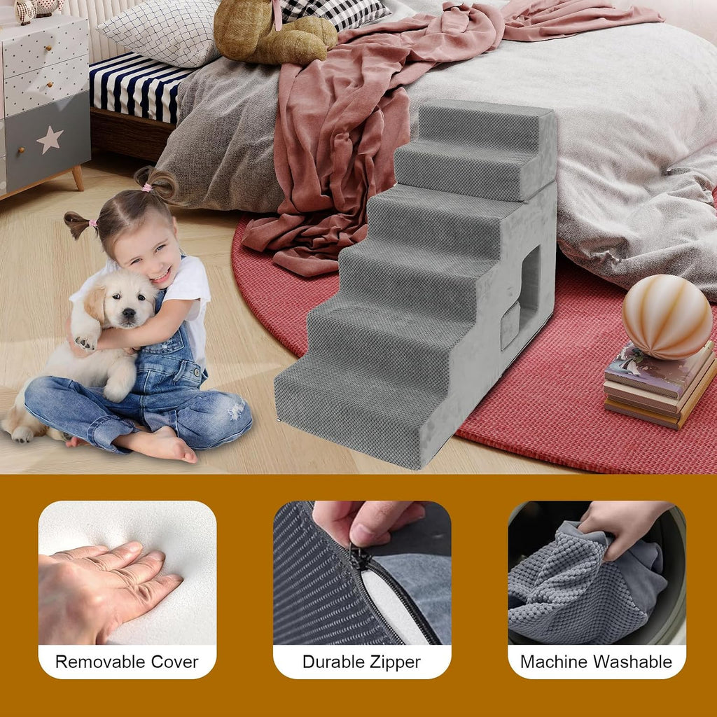 Dog Stairs for Small Dogs 27"H, 6-Step Dog Steps for High Bed, High-Density Foam Pet Stairs with Non-Slip Removable
