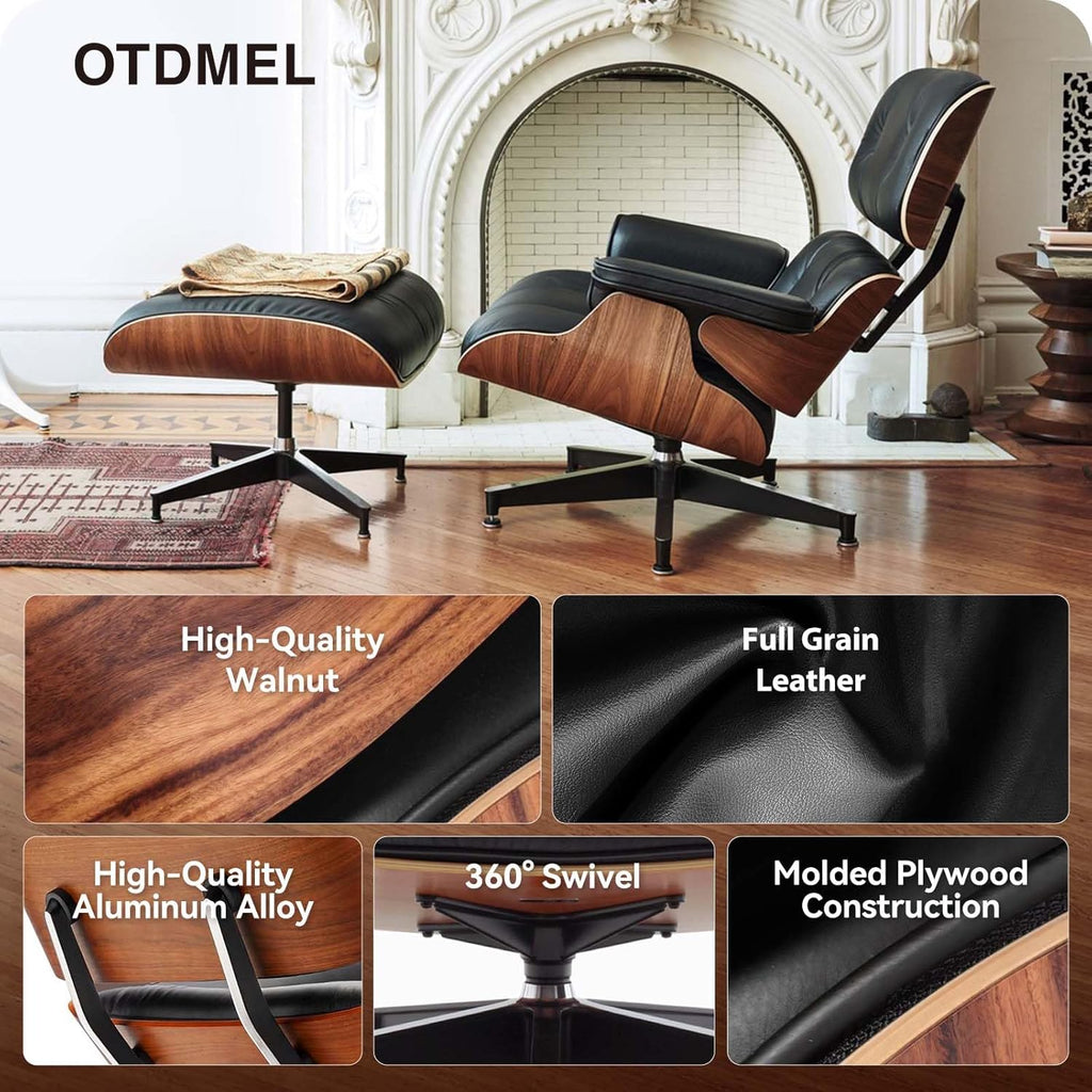 Mid-Century Modern Lounge Chair & Ottoman — Black Bonded Grain Leather, Walnut Base, Tall Back