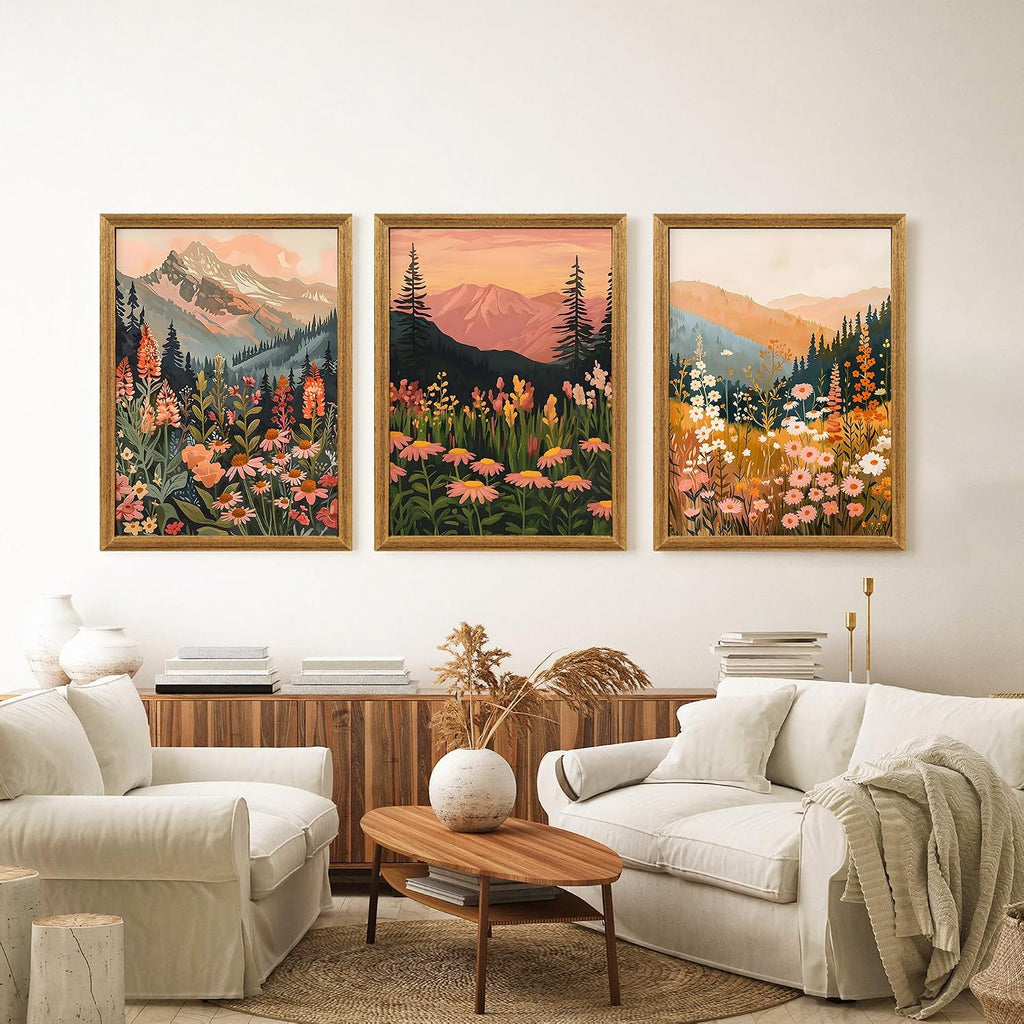Boho Landscape Mountain Floral Framed Canvas Wall Art, 3pc 16x24 In - Set of 3