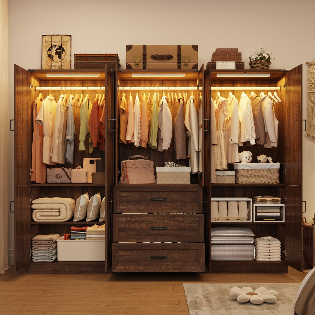 75" Tall Farmhouse 6 Doors Armoire Wardrobe Closet with 3 Drawers and LED, Freestanding Closet Wardrobe Cabinet with
