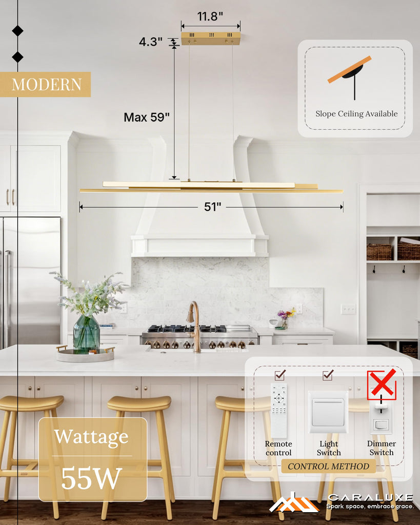 3 LED Linear Pendant Light 52 inch Gold Island Light Dimmable