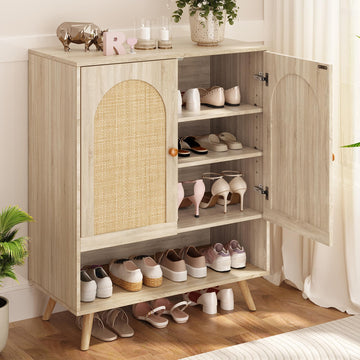 Rattan Shoe Cabinet, 4-Tier Shoe Storage Organizer Cabinet with Adjustable Shelf, Freestanding Shoe Rack