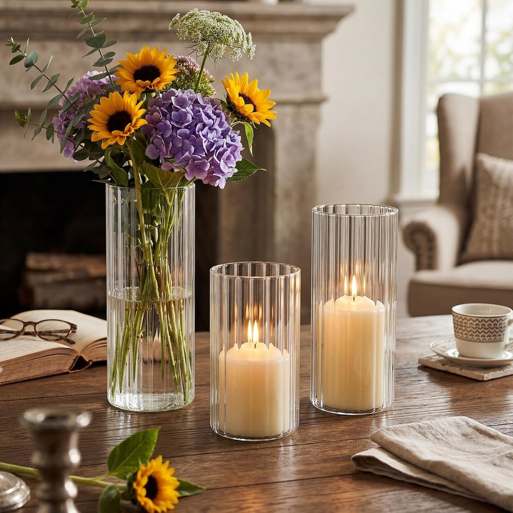 Ribbed Hurricane Glass Candle Holders, 3 Pcs Glass Cylinder Vases with 3 Pcs Unscented White Tall Pillar Candles for