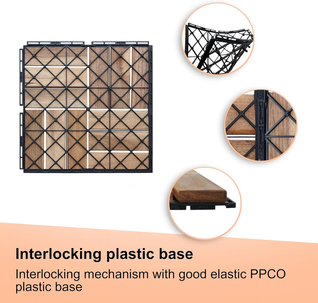 12" x 12" Square Wood Interlocking Flooring Tiles, Pack of 10 Tiles, 10 PCS Interlocking Deck Tiles, Acacia Hardwood