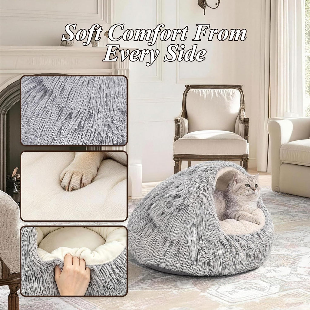 Cat Bed for Indoor Cats, 20-Inch Plush Hooded Bed with Cover, Light grey