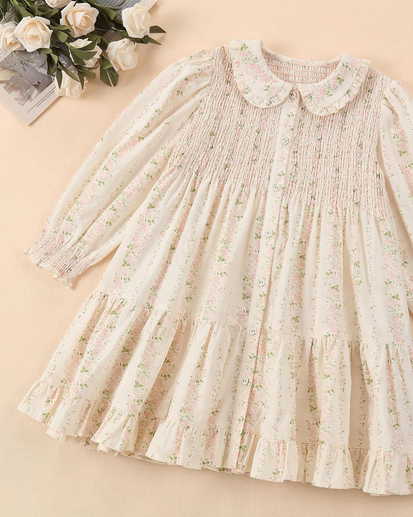 Toddler Girls Dress Smocked Dresses|Floral Print Long Sleeve Dress with Peter Pan Collar | Casual Ruffle Dresses