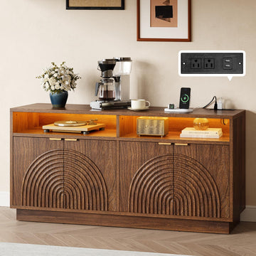 Modern Sideboard Buffet Cabinet with Storage - 58" Fluted Credenza Strorage Cabinet with LED Light & Power Outlet