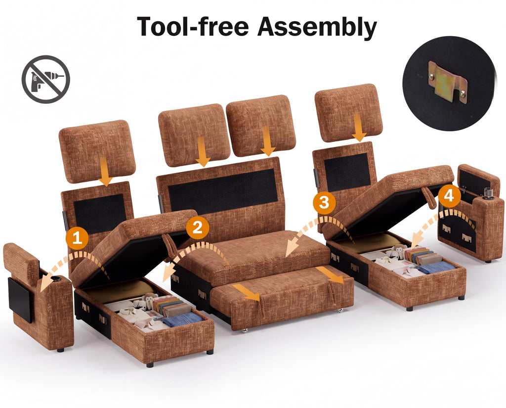 108" Modular Sectional Sleeper Sofa with Pull Out Bed, 4 Seat Chenille U Shaped Couch with USB Ports|Cup Holders|Side