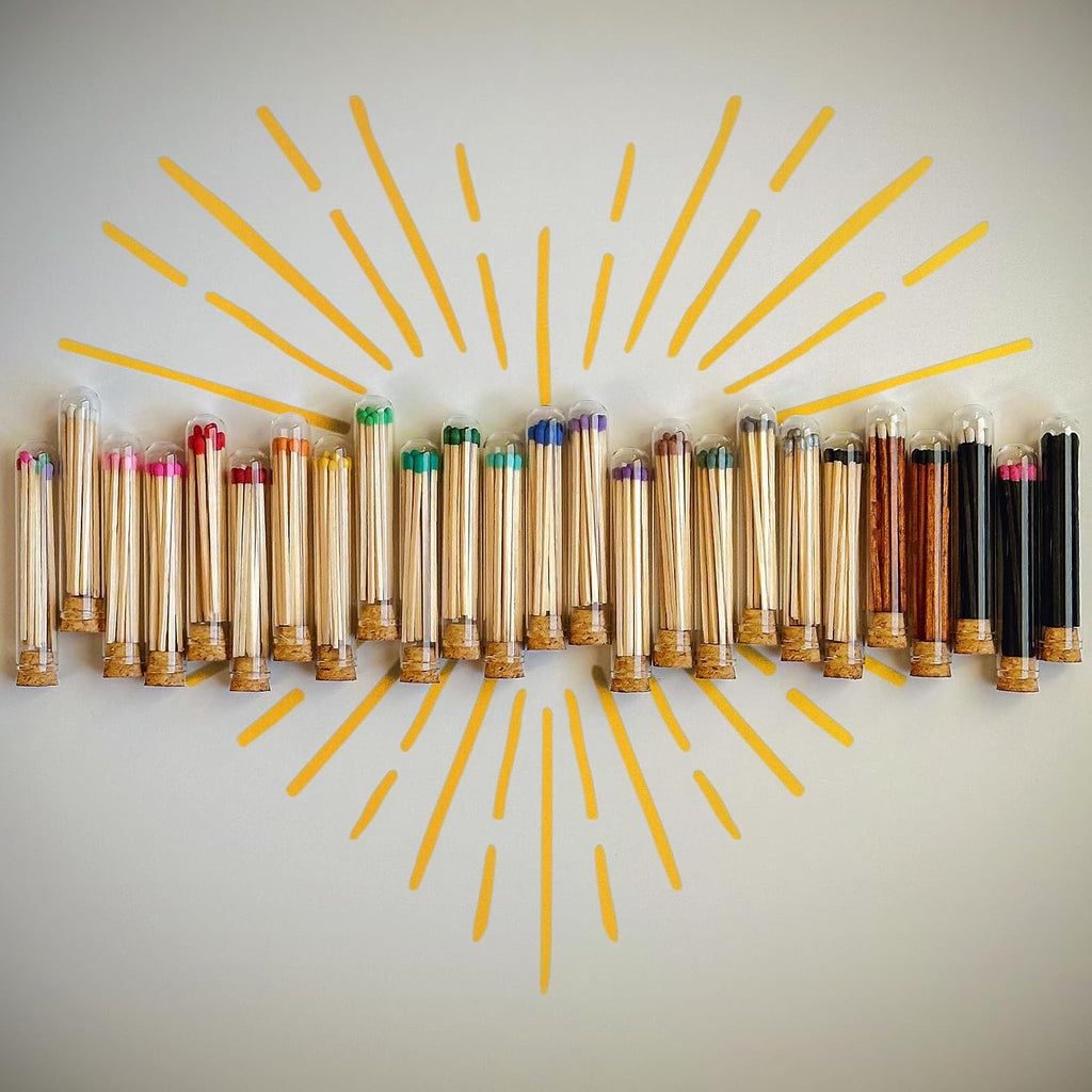 Decorative Matches in Mini Match Cloche Glass Jar Set | 4" Espresso Tip Long Matches (100 match sticks) + 3 Cork Top