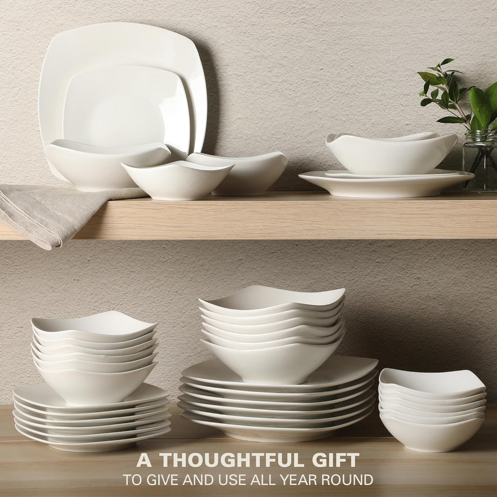 Brentwood 40-Piece Dinnerware Set - Square White Porcelain Plates and Bowls, Service for 8