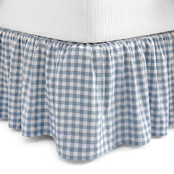 Blue White Gingham Bed Skirt Queen Size 16" Drop Pleated