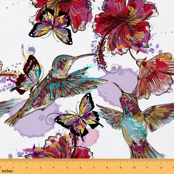 Hummingbird Fabric By The Yard, Boho Flower Upholstery Fabric, Butterfly