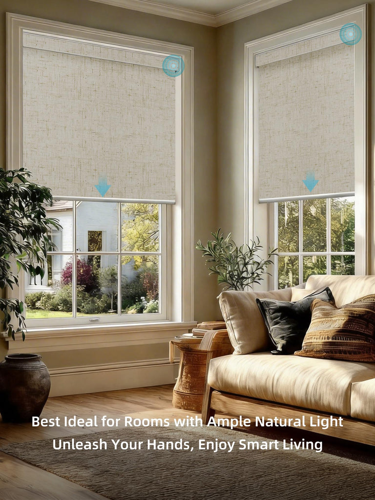Motorized Smart Roller Shades, 100% Blackout Linen Stone