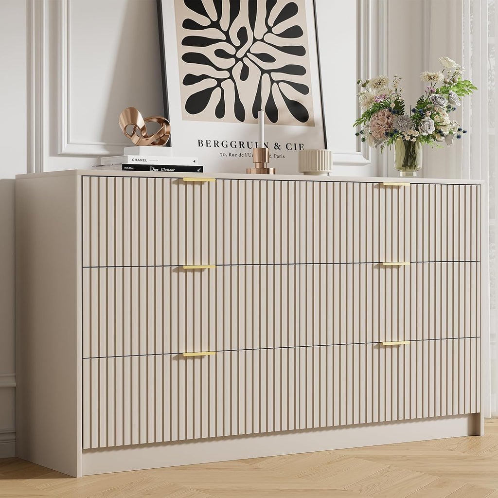 Beige Dresser , Modern Dresser with 6 Drawers and Smooth Slides, Wide Chest of Drawers with Golden Handles , Closet