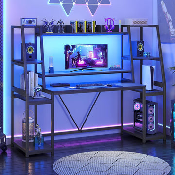 65.7'' Gaming Desk with LED Lights, Hutch and Storage Shelves, Black | Computer Desk with Monitor Stand, Large PC