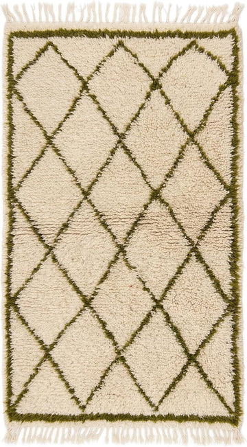 Handmade Moroccan Berber Area Rug 3' x 5', 100% Wool High Pile Shag, Beni Ourain Style, Ivory/Cream with Green