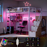 Twin Loft Bed with Desk, Storage Stairs & Wardrobe, Metal Loft Bed Frame w/Headboard, Bedside Shelf