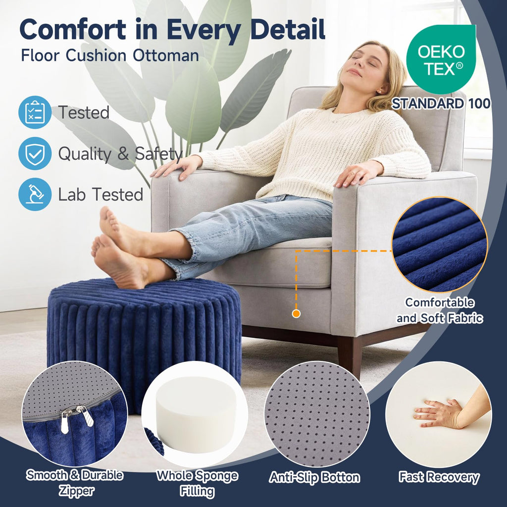 Round Stuffed Pouf Ottoman, Soft Foot Stool with Solid Foam Block