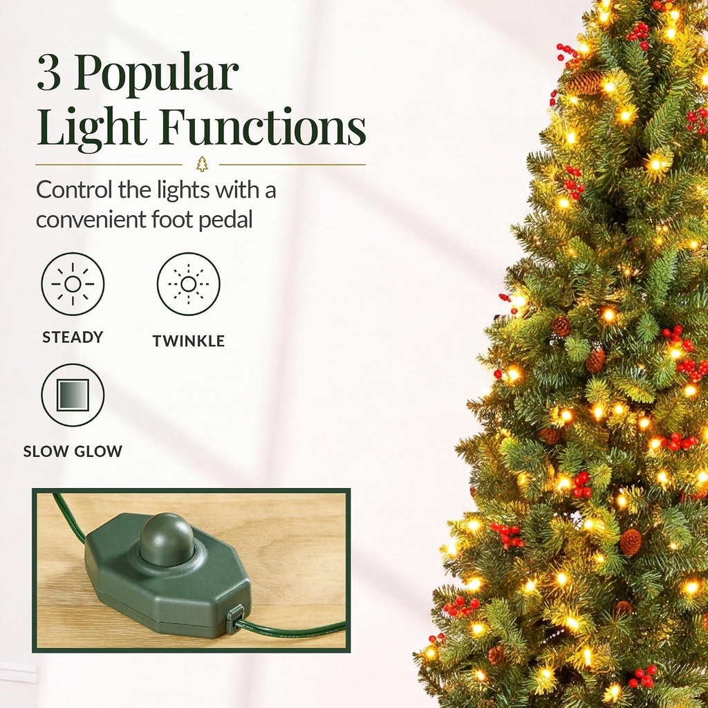 Pre-Lit Spruce Pencil Christmas Tree Pre-Decorated w/Twinkling LED Lights Holiday Decoration w/ 460 Lights, 1,298
