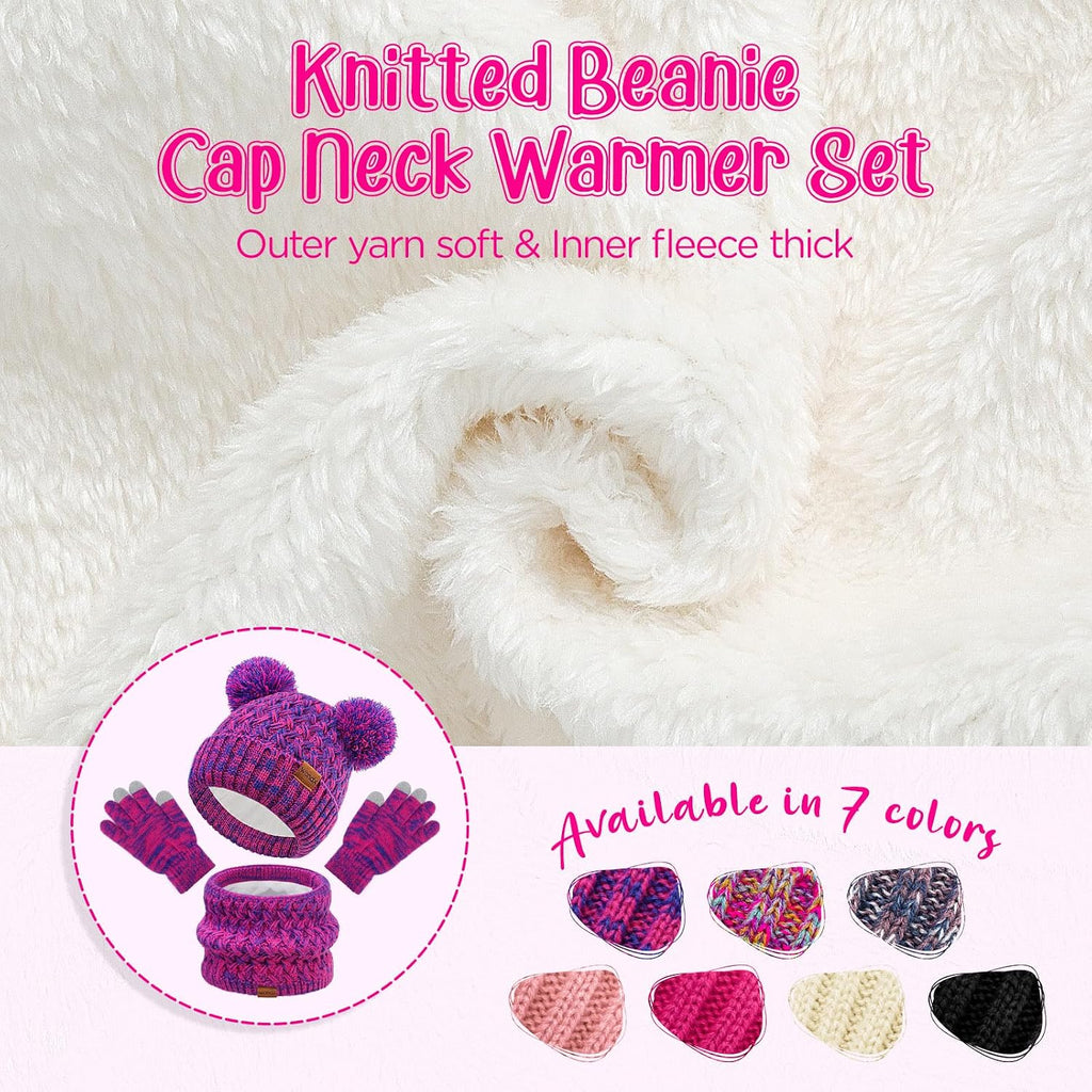 Kids Winter Hat Gloves Scarf Set Fleece Lined Beanie with Pom knitted Neck Warmer for Boys Girls Aged Cold