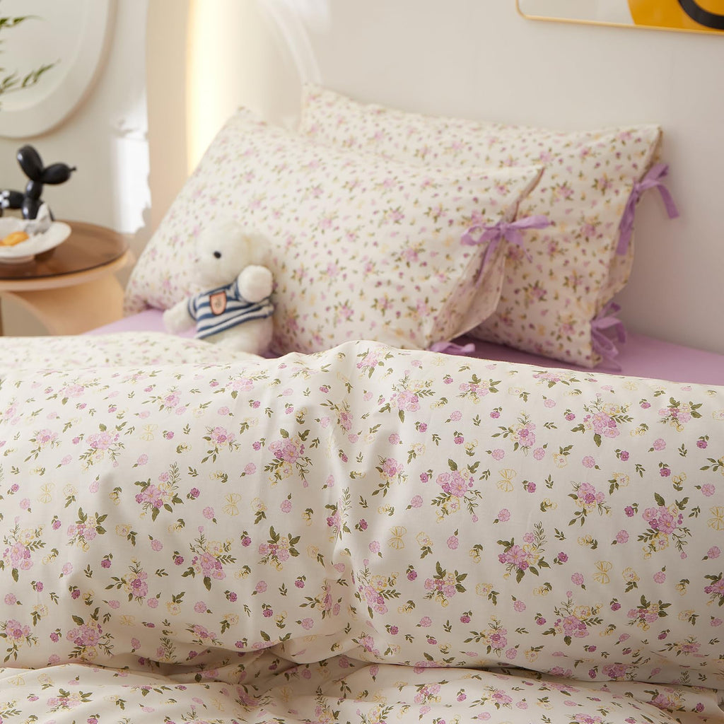 Farmhouse Boho Comforter Set Queen Floral with 2 Bowknot Bow Tie Pillowcases, Soft Cotton Fluffy Queen Comforter Bed