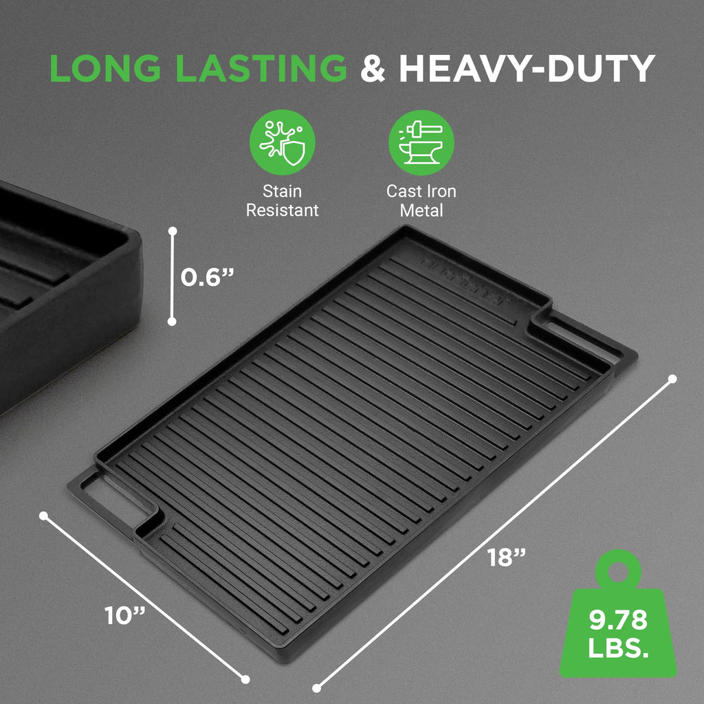 Cast Iron Reversible Griddle 18x10 Inch - Pre-Seasoned Flat Top & Ridged Grill Side, Stove Top Griddle for Gas Grill