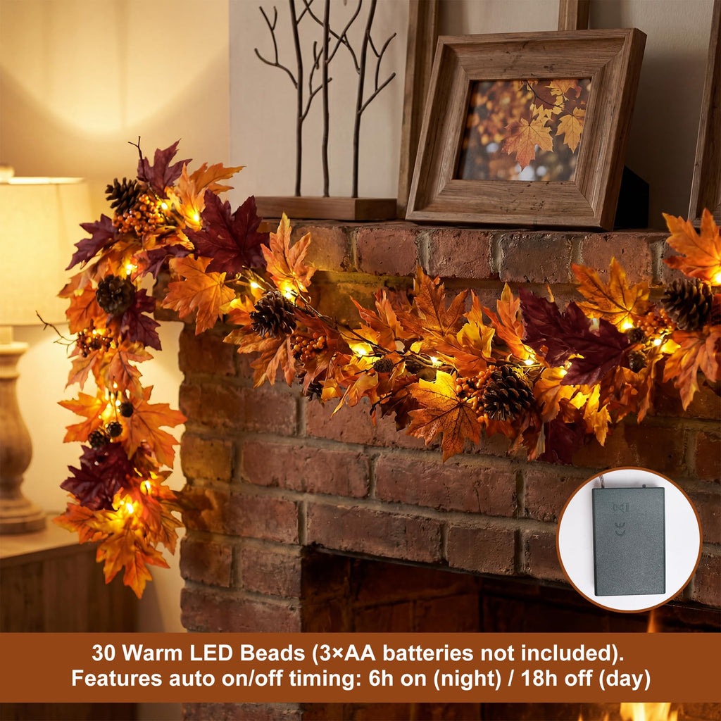 6Ft Fall Garland with 30 Lights & Timer Mantle Decor