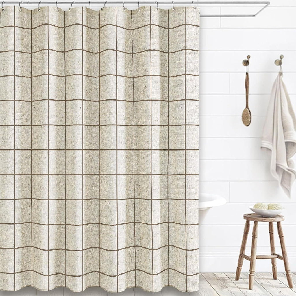 Farmhouse Plaid Shower Curtain Beige Linen Shower Curtains Natural Beige Pattern 72 x 72 Inch